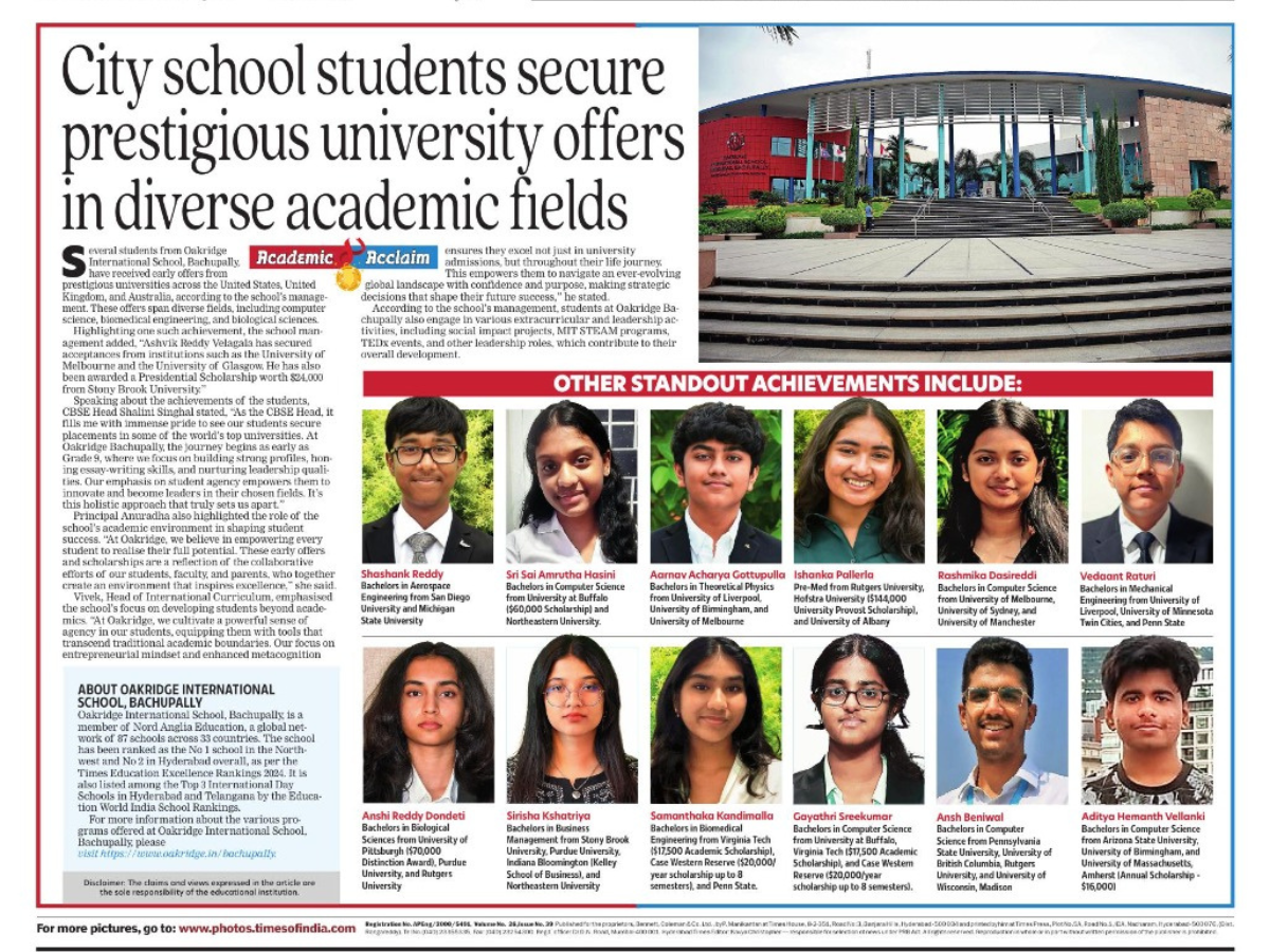 times of india, early years offers oakridge international school bachupally